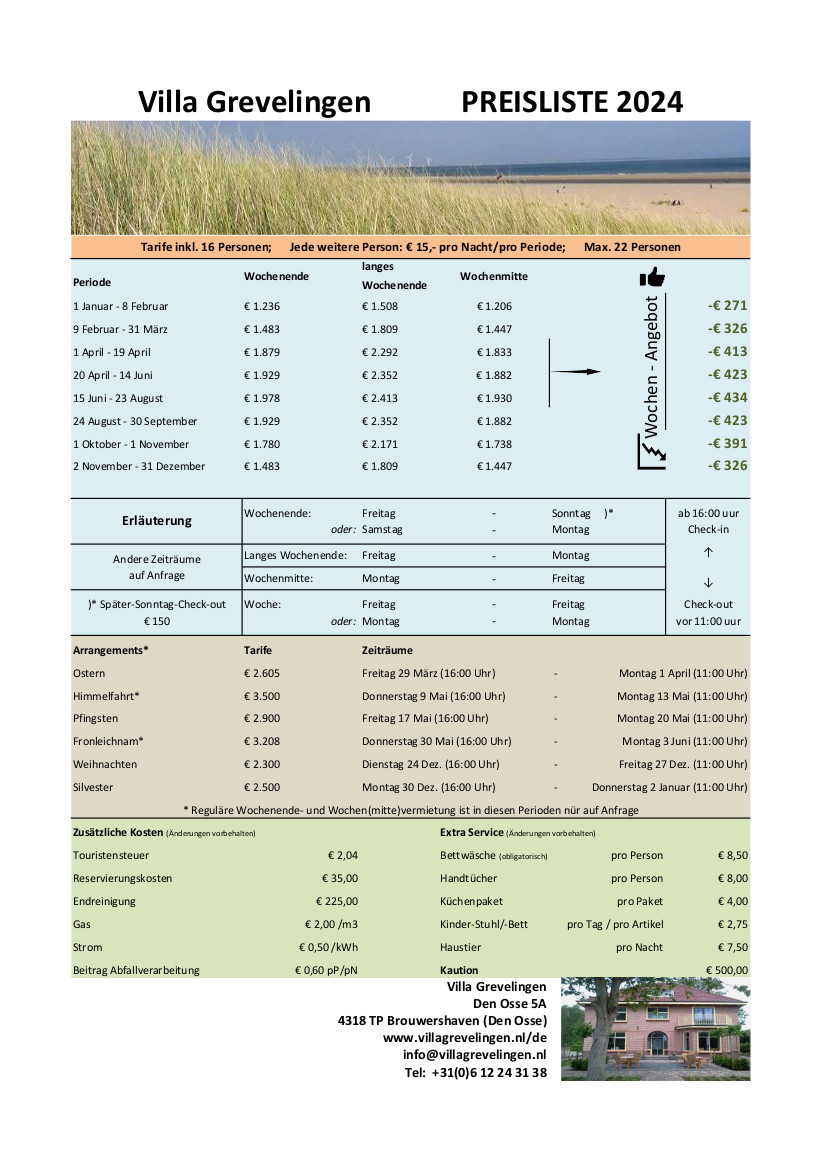 preisliste villa grevelingen 2024