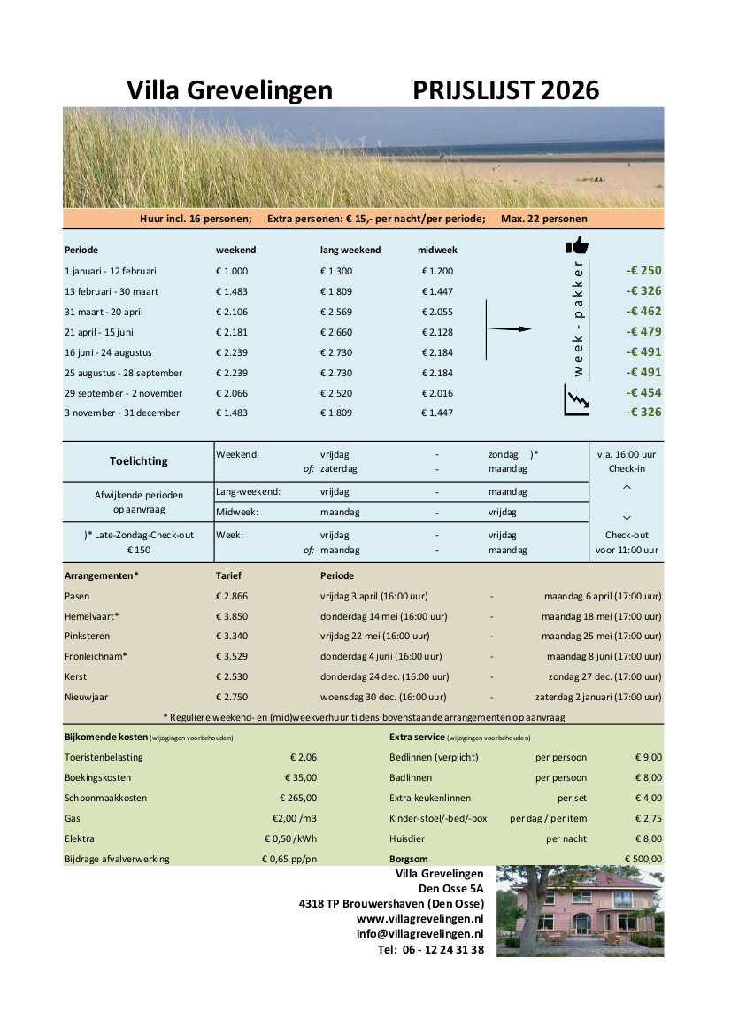 prijslijst villa grevelingen 2026